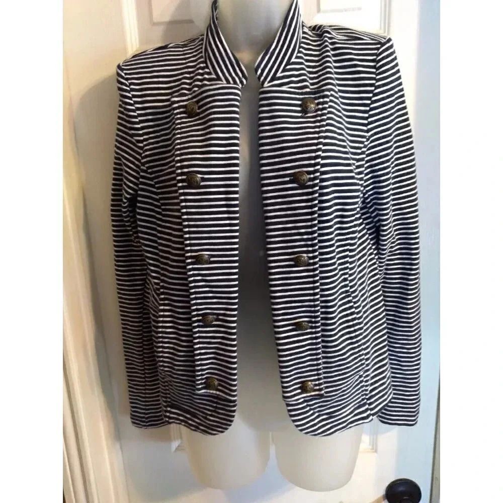 Tommy Hilfiger Cardigan Blue White Stripes Brass Logo Buttons Pockets Sz…